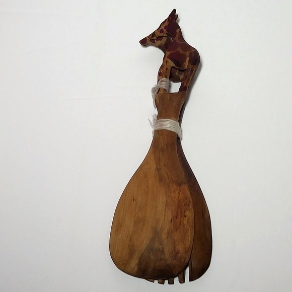VTG Wooden Giraffe Wooden Salad Serving Set Fork and Spoon Hand Carved - Picture 3 of 12